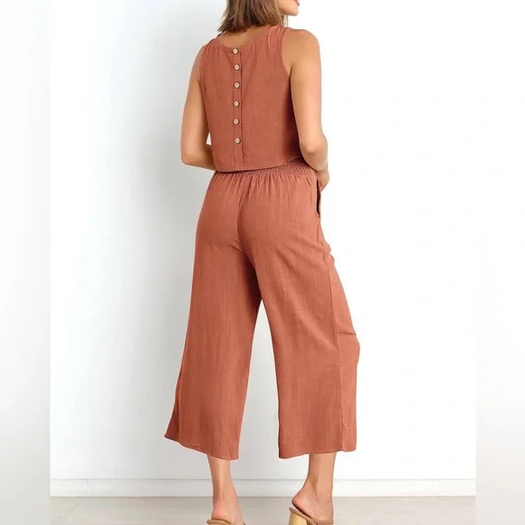 Amazon Anrabess 2 Piece Linen Set Crop Top and Wide Leg Pants Rust Size L - Picture 2 of 8